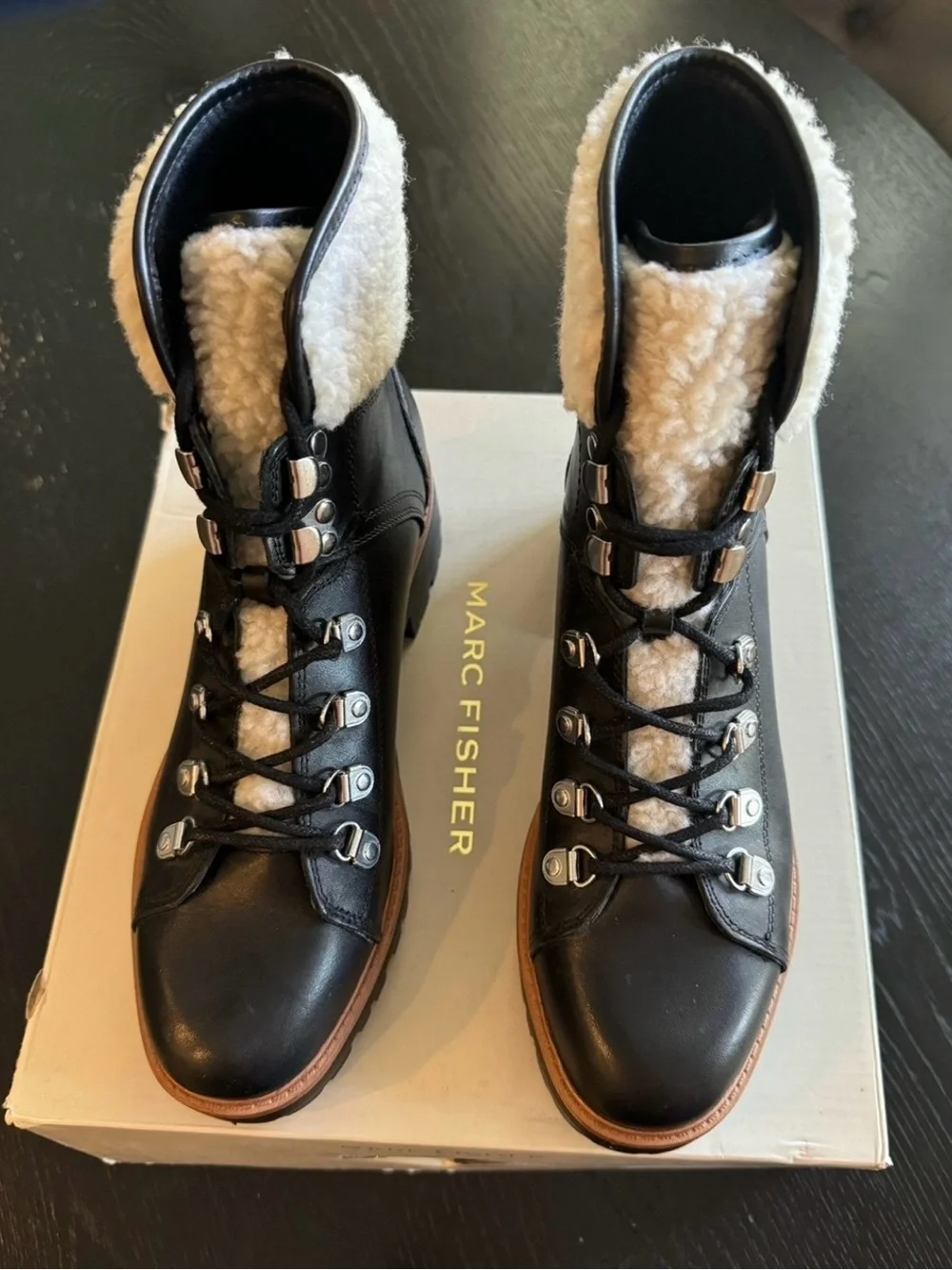 New! Marc Fisher Isalia Black Leather Shearling-Collar Lug Boot